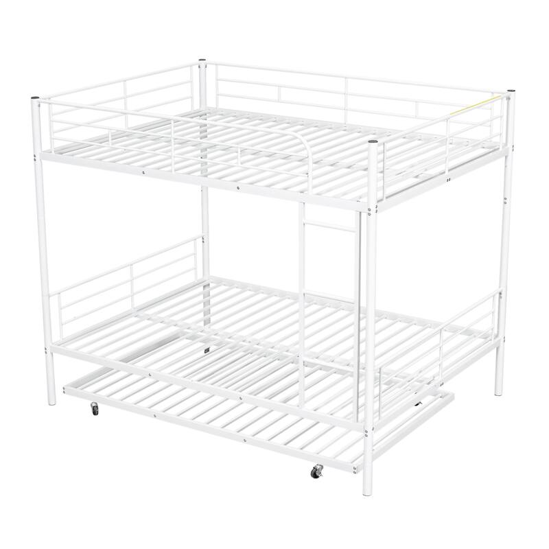 Full Over Full Metal Bunk Bed with Trundle and Guardrail, Convertible to Two Beds