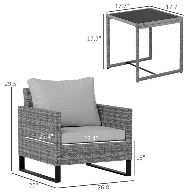 Modern 3 Piece PE Rattan Wicker Grey Outdoor Patio Furniture 2 Chairs with Cushions and Table - 26.8" W x 26" D x 29.5" H