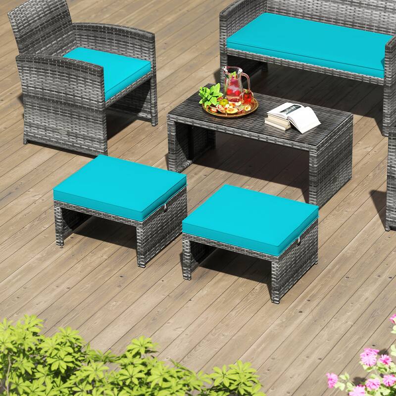 PE Rattan Outdoor Ottomans with Cushions, Footrest Seats or Tables - 16" L x 19" W x 9.5" H