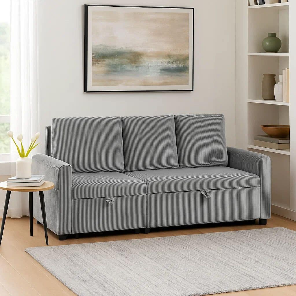 Swin Sofa w Pull Out Chaise and Storage, Gray Corduroy, 70 Inch
