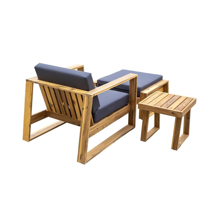 3-Piece Outdoor Acacia Wood Lounge Set with Chair, Ottoman, and Side Table