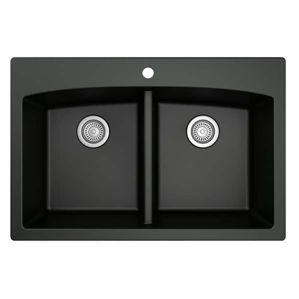 slide 2 of 53, Karran Drop-in Quartz 50/50 Double Bowl Kitchen Sink Black