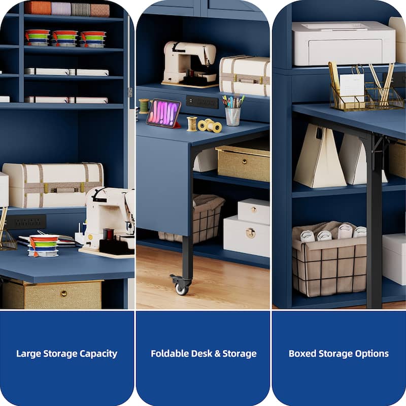 Moasis Expandable Crafting Table with Storage, Artwork Sewing Table with Cabinet and Magnetic Doors & Power Outlets