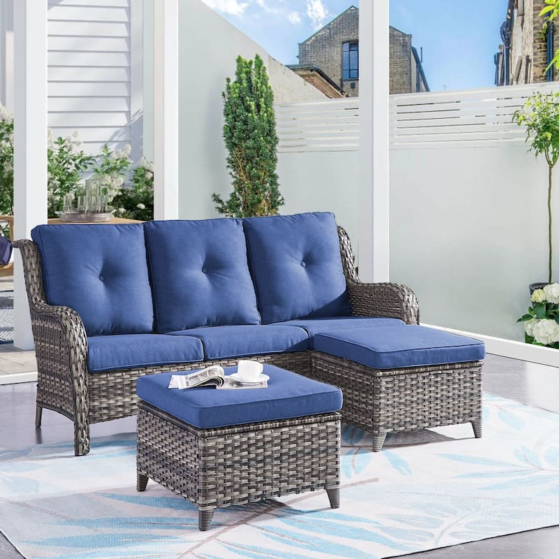 Gymojoy 3-Piece Outdoor Wicker Patio Furniture with 3 Seat Sofa, Rattan Coversation Set with Water Resistant Thick Cushions - Grey Wicker / Blue Cusion - 3-Piece