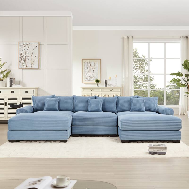 GDFStudio - Corduroy U-Shaped 3-Seater 130" Cloud Modular Sectional Couch with 2 Ottomans
