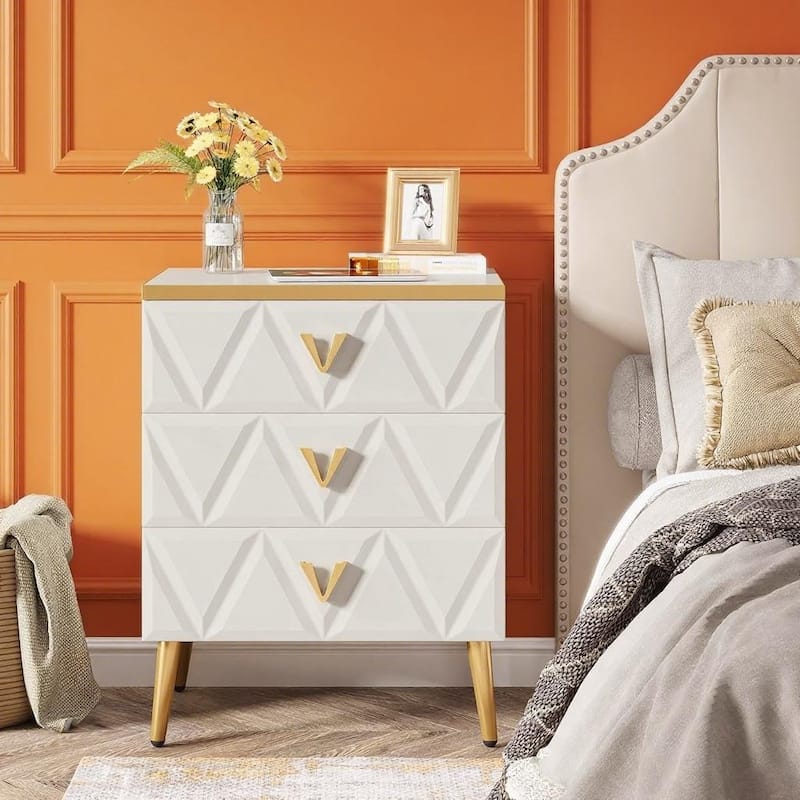 White-Gold Engineered Wood Nightstand Set of 2 with 3 Drawers and Metal Legs