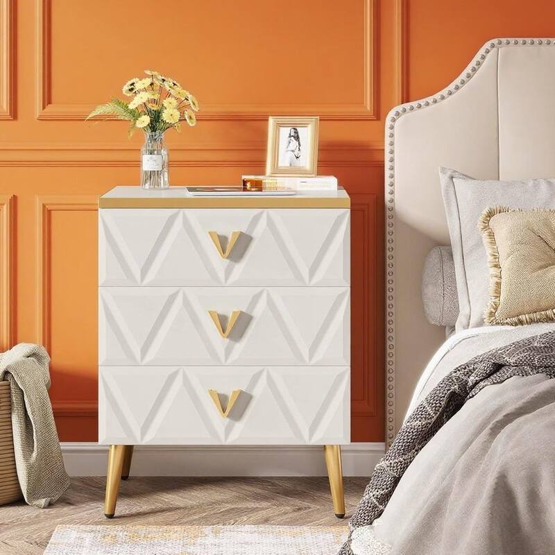 White-Gold Engineered Wood Nightstand Set of 2 with 3 Drawers and Metal Legs