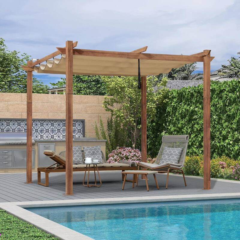 PURPLE LEAF Gazebo Wood Grain Metal Frame Pergola with Extra Top Roof for Patio
