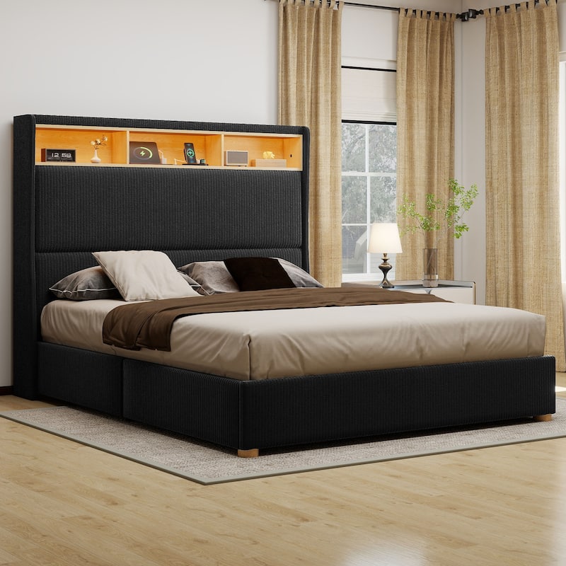 Moasis Corduroy Upholstered Platform Bed Frame with Charging Station and RGB LED Lights