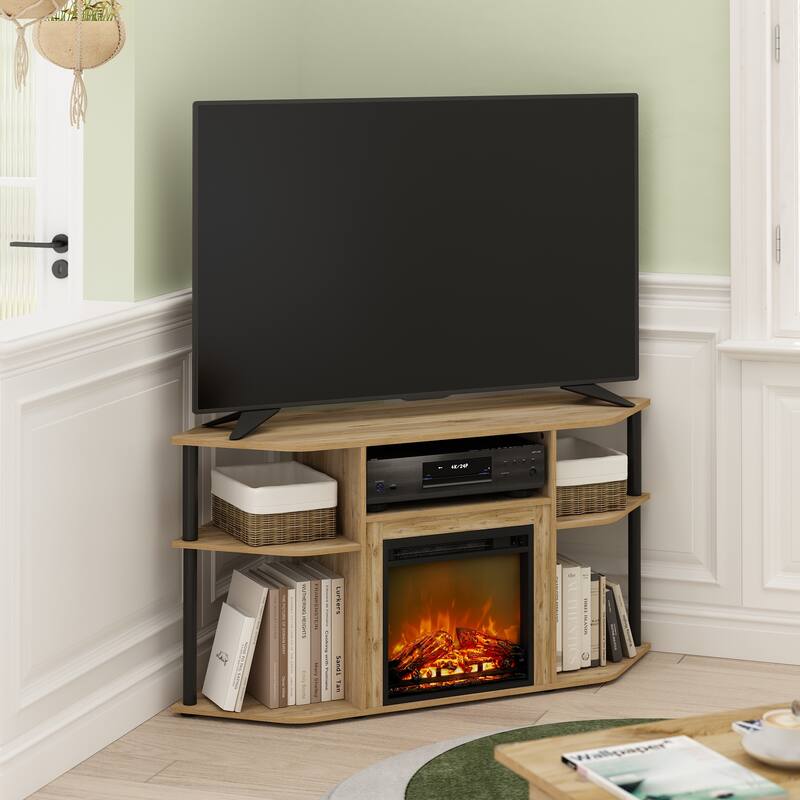 Furinno Jensen Open Storage Corner Fireplace TV Entertainment Center with Plastic Poles for TV up to 55 Inch
