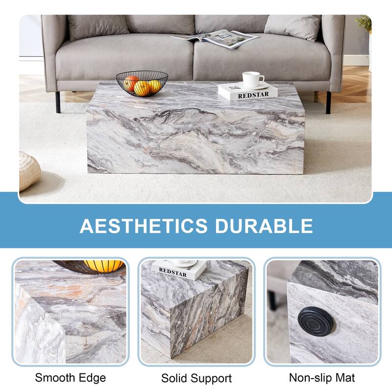 Modern Rectangular Coffee Table with Solid Base, Wooden Center Table with Imitation Marble Texture for Living Room