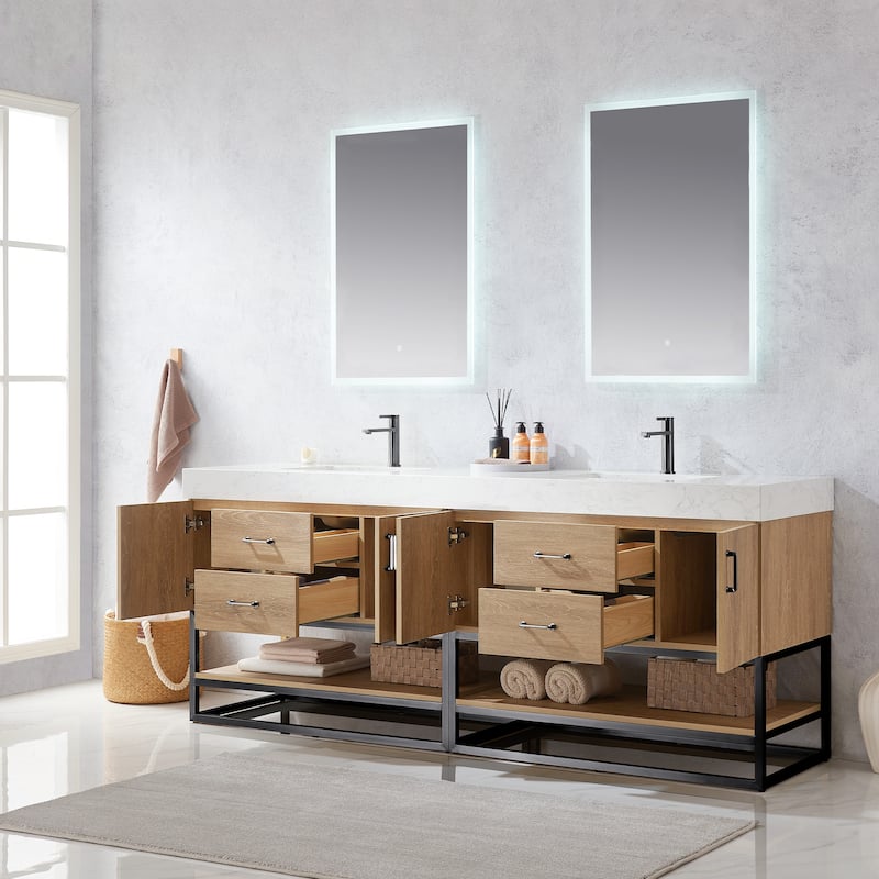 Alistair 84" Double Vanity with White Grain Stone Top and Mirror - 84" x 22"