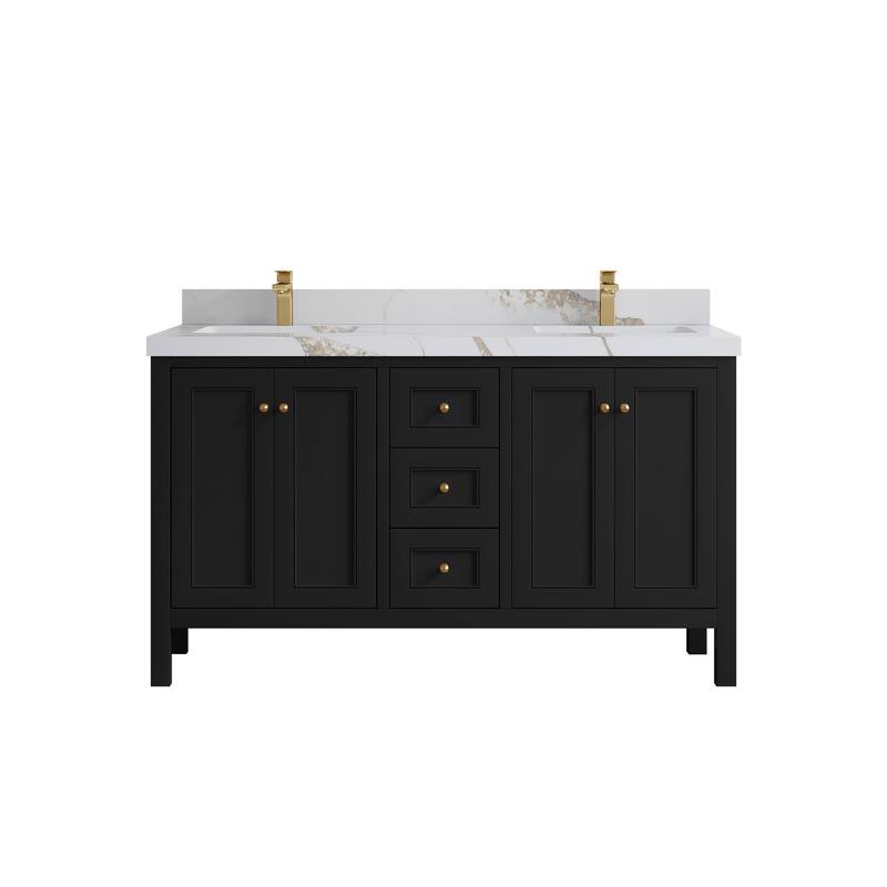 Willow Collections 60 in. W x 22 in. D Nashville Double Bowl Sink Bathroom Vanity with Countertop - 2”Calacatta Gold - Black
