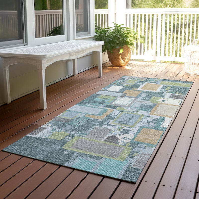Machine Washable Indoor/ Outdoor Contemporary Geo Chantille Rug - Teal - 2'3" x 7'6"
