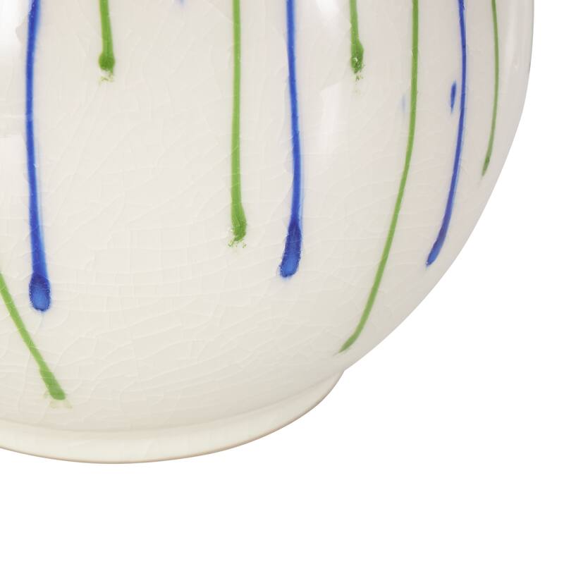 White Ceramic Abstract Decorative Vase with Green and Blue Drip Design and Handle