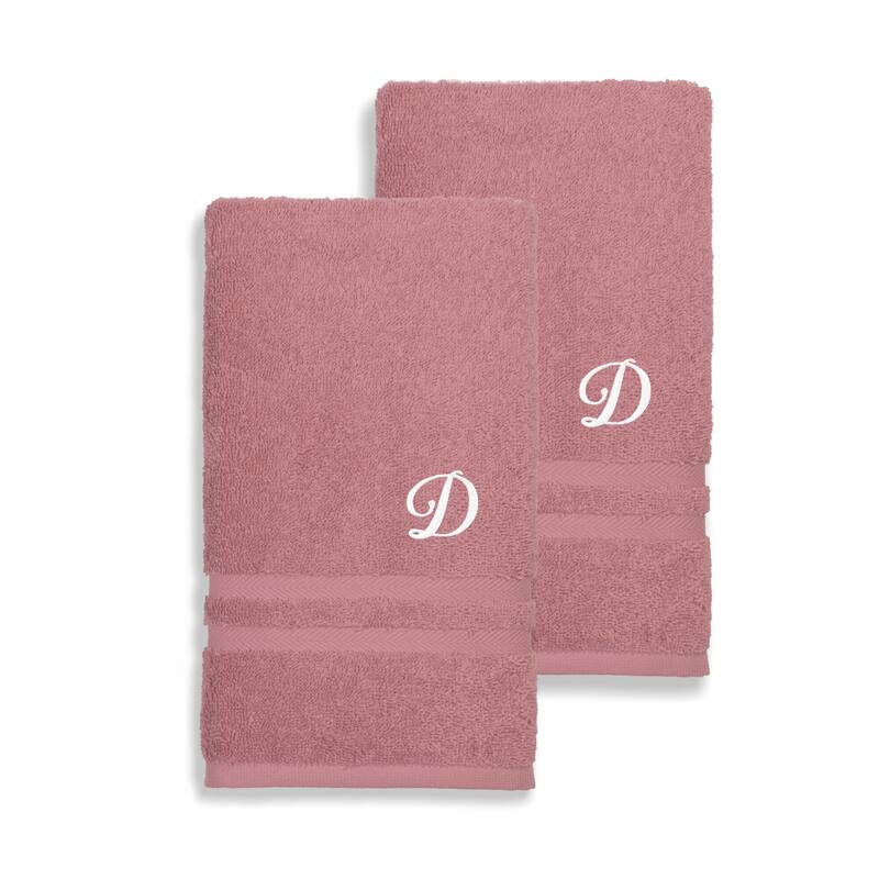 Authentic Hotel and Spa Omni Turkish Cotton Terry Set of 2 Tea Rose Hand Towels with White Script Monogrammed Initial - Pink/D