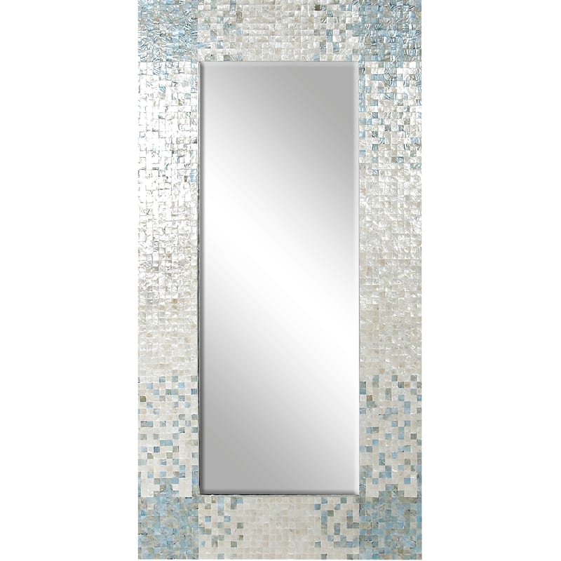 Mother of Pearl Shell Handmade Mosaic Wall Mirror with Blue Corners - Cream - Roche River Decor - Cream - 36"W, 70"H