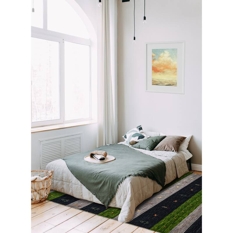 ECARPETGALLERY Hand Loomed Kashkuli Gabbeh Dark Navy, Green Wool Rug - 7'0 x 9'9