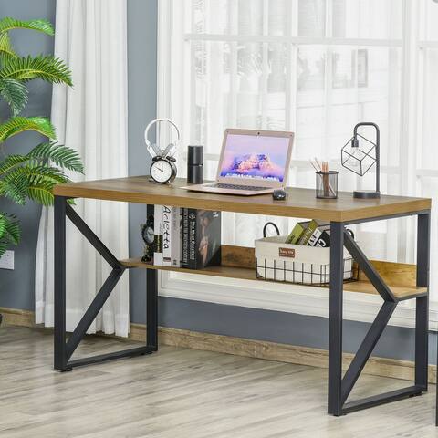 HOMCOM 55'' Home Office Computer Writing Desk, Corner Workstation, Laptop Table with K-Shaped Steel Leg and Storage Shelf