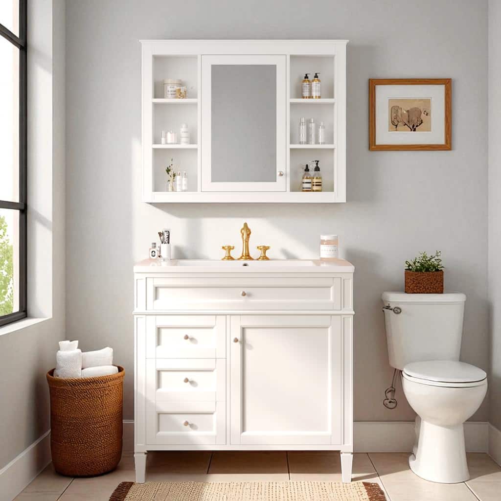 36" Bathroom Vanity with Sink and Medicine Cabinet, 4 Drawers, 2 Doors, Modern Storage Cabinet with Pre-Drilled Basin