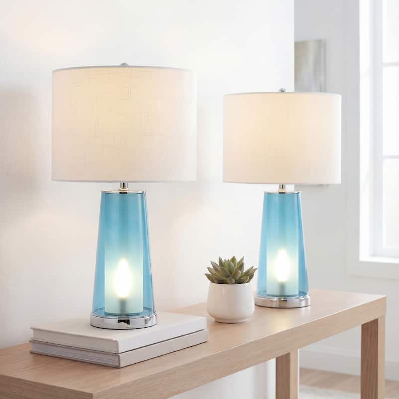 Celerie 26" Modern Minimalist Glass/Iron Nightlight LED Table Lamp, (Set of 2) by JONATHAN Y - Clear Blue/Chrome