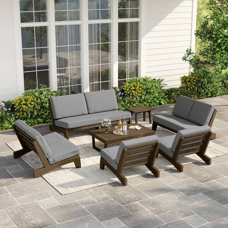 Casual Teak Wood Large 7-Piece Outdoor Patio Conversation Set