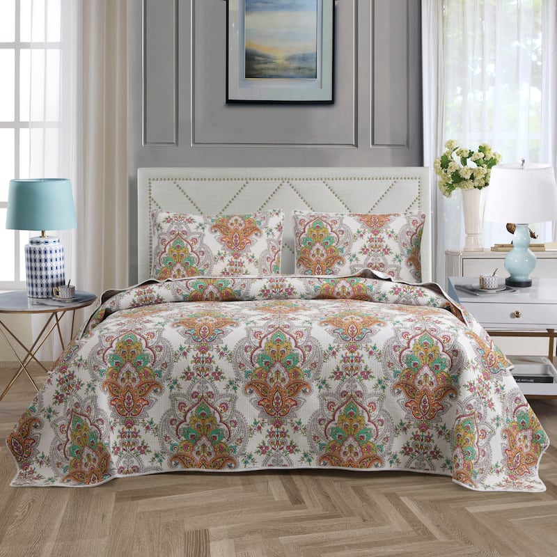 S&S Damask Medallion 3 Piece 100% Cotton Quilt Set - King
