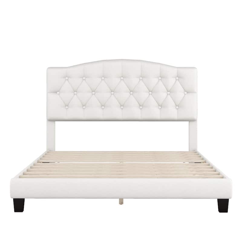 Beige Linen Upholstered Wood Platform Bed with Tufted Curved Headboard