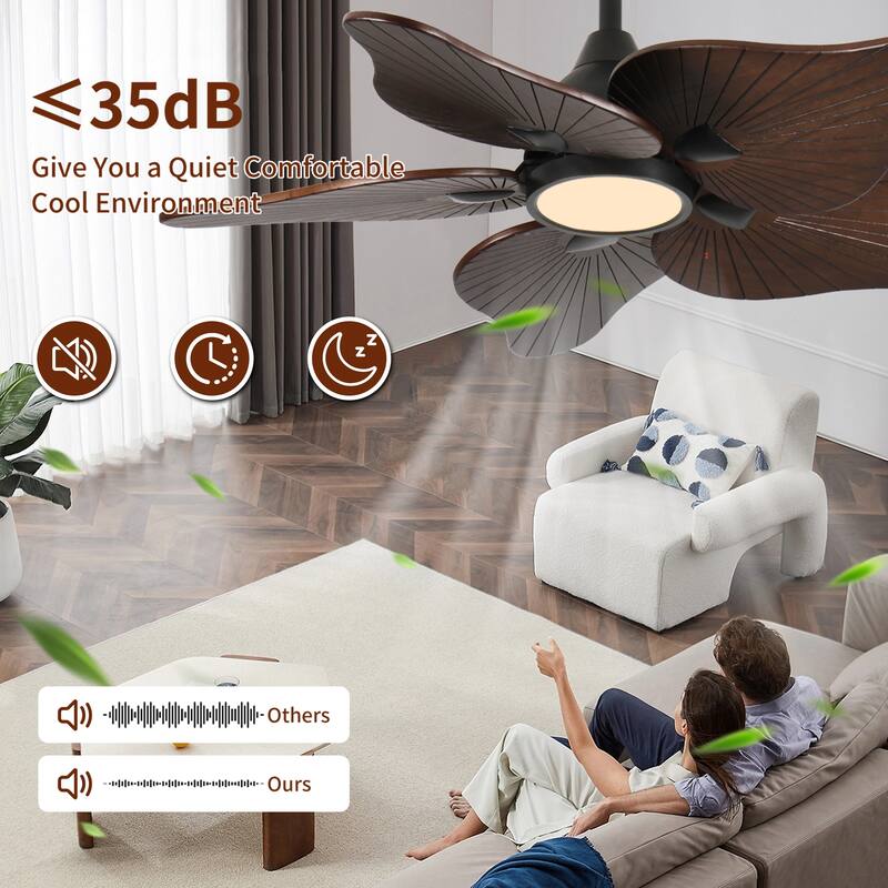 44-Inch Ceiling Fan with Light, 5 Solid Wood Blades, DC Motor, APP & Remote Control, Dimmable Full-Spectrum LED - Acacia Wood