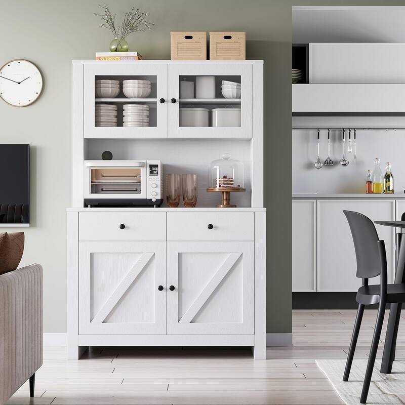 Freestanding Kitchen Pantry Cabinet with Microwave Stand & Buffet Cupboard, Adjustable Shelves for Dining Room