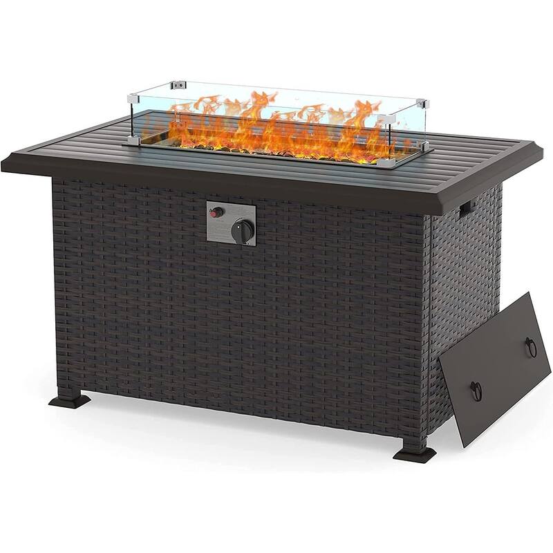 Kullavik 43" Outdoor Propane Fire Pit with Glass Wind Guard,Slide Out Tank Holder,Lid,Waterproof Table Cover - Clear