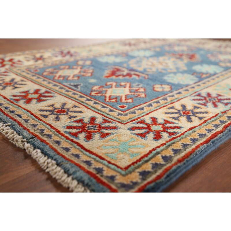 Blue Kazak Oriental Accent Rug Hand-Knotted Wool Carpet - 1'11" x 2'11"