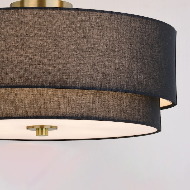 Burnaby Gold Brass Mid-Century Modern Semi Flush Mount Ceiling Light Black Linen Drum Shade