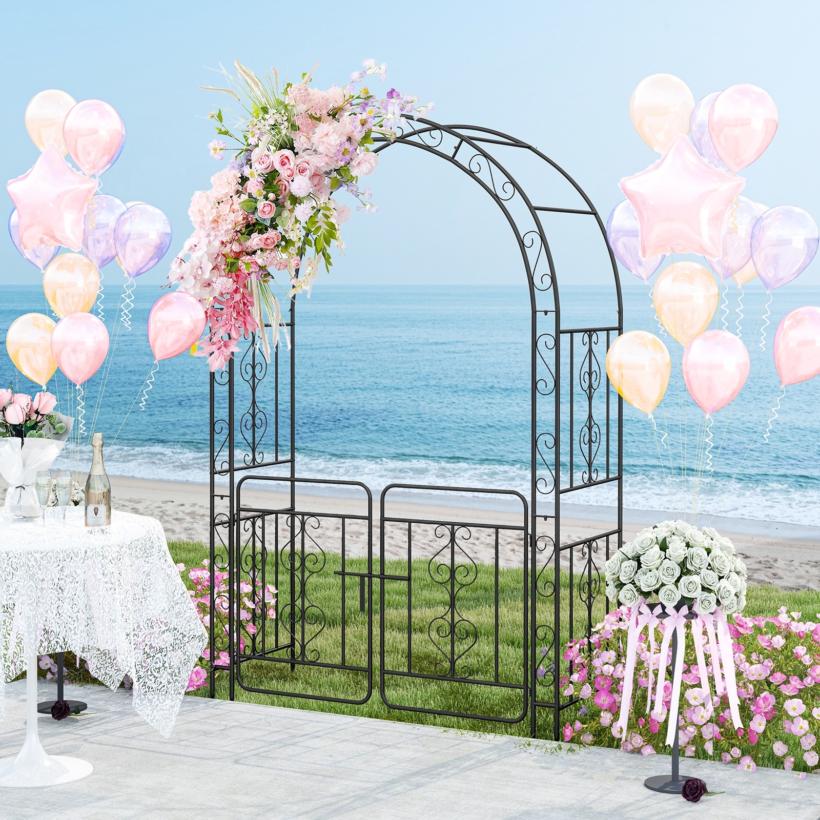 Black Metal Garden Arbor Gate with Multiple Side Crossbars and 4
