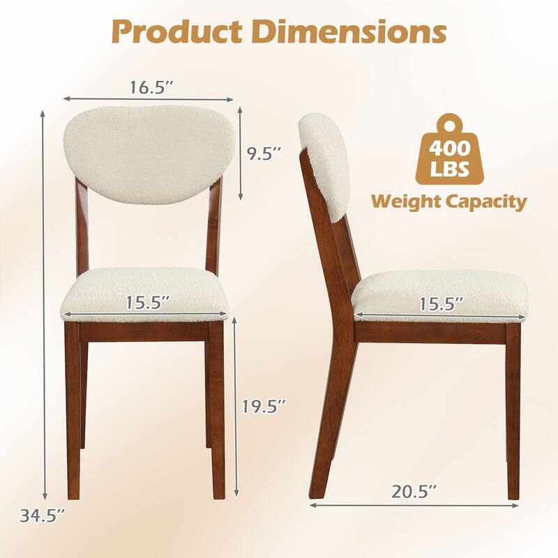 Set of 4 White Sherpa Upholstered Dining Chairs with Walnut Rubber Wood Legs for Home or Kitchen - 16.5" x 20.5" x 34.5"