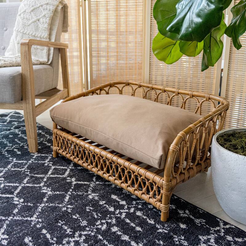 Elevated 27.5" x 17" Bohemian Handwoven Rattan Dog Daybed with Machine-Washable Cushion, Natural