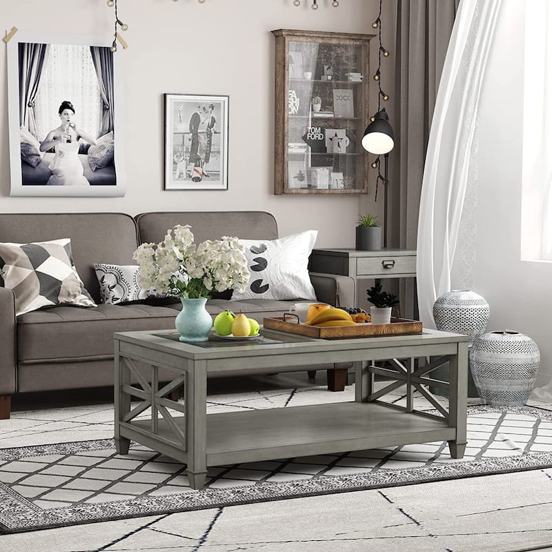 2-Tier 45.5" X 26" Solid Wood Coffee Table Tempered Glass Top