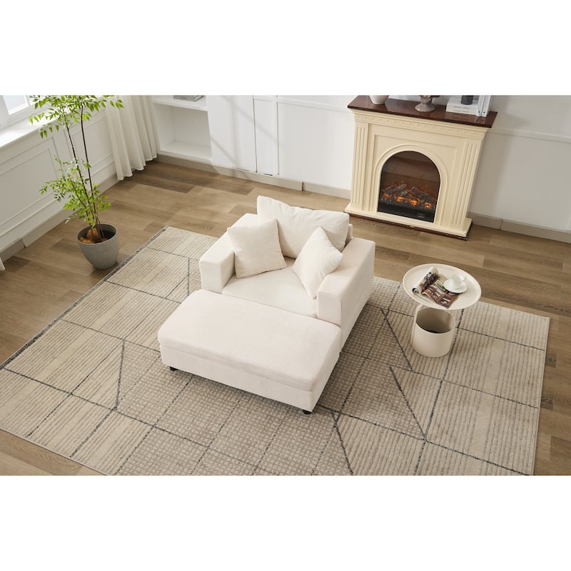 Chaise Lounge Chair with Removable Ottoman, Modern Accent Armchair Corduroy Sleeper Sofa Chair with Pillows for Living Room
