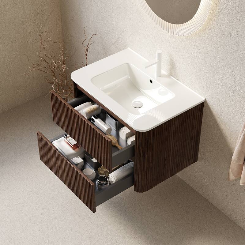 GDFStudio - Noor Modern Floating Bathroom Vanity with Dual Drawers & White Ceramic Basin, WITHOUT Faucet