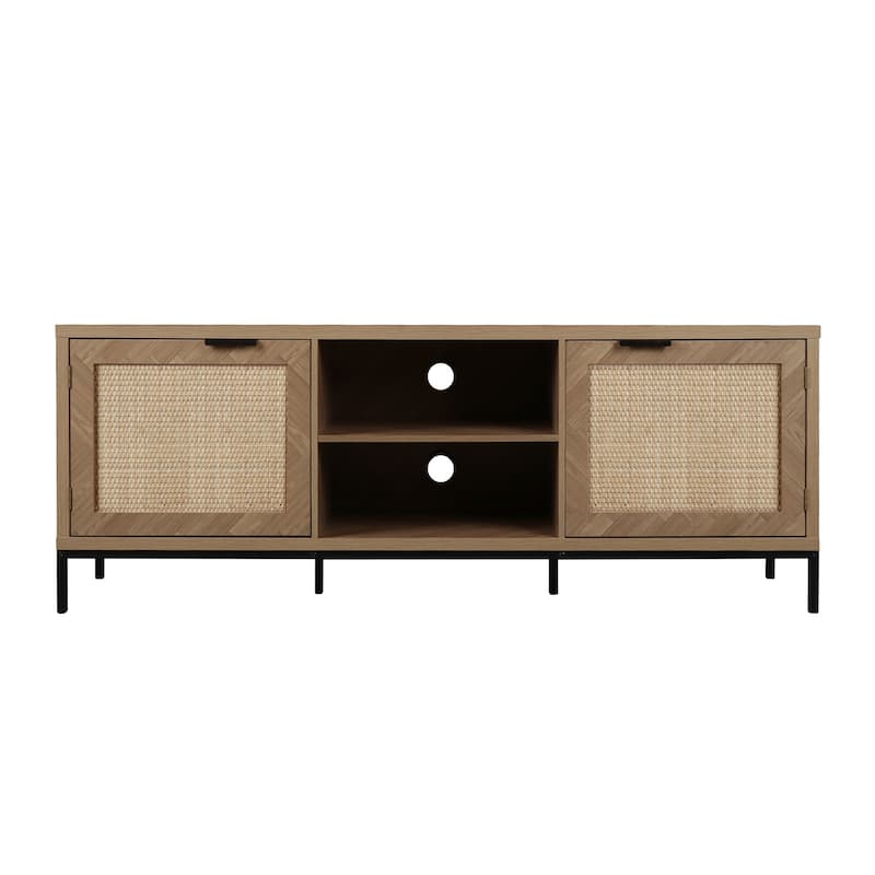 Anmytek 60" Mid-Century Herringbone TV Stand for TV Up to 65 Inches Rattan Console TV Table 59x15.7x21.7 inch