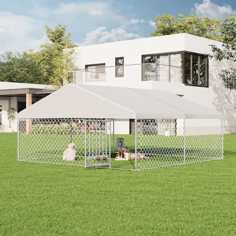 EROMMY 13'x13' Heavy Duty Dog Kennel - Waterproof Cover, Rotating Feeder & Lockable Galvanized Steel Cage