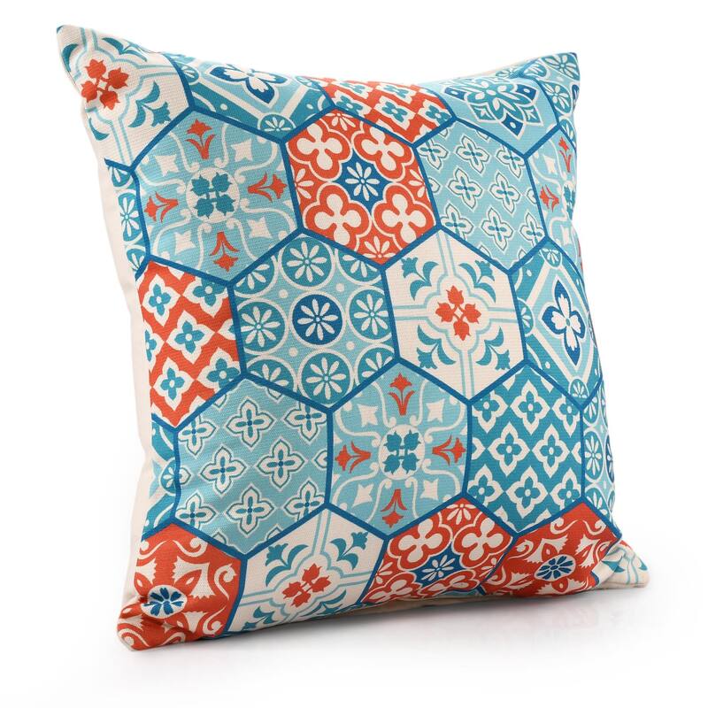 Handwoven Mosaic Moroccan Patchwork Square Throw Pillow - 20" - Teal Blue and Orange