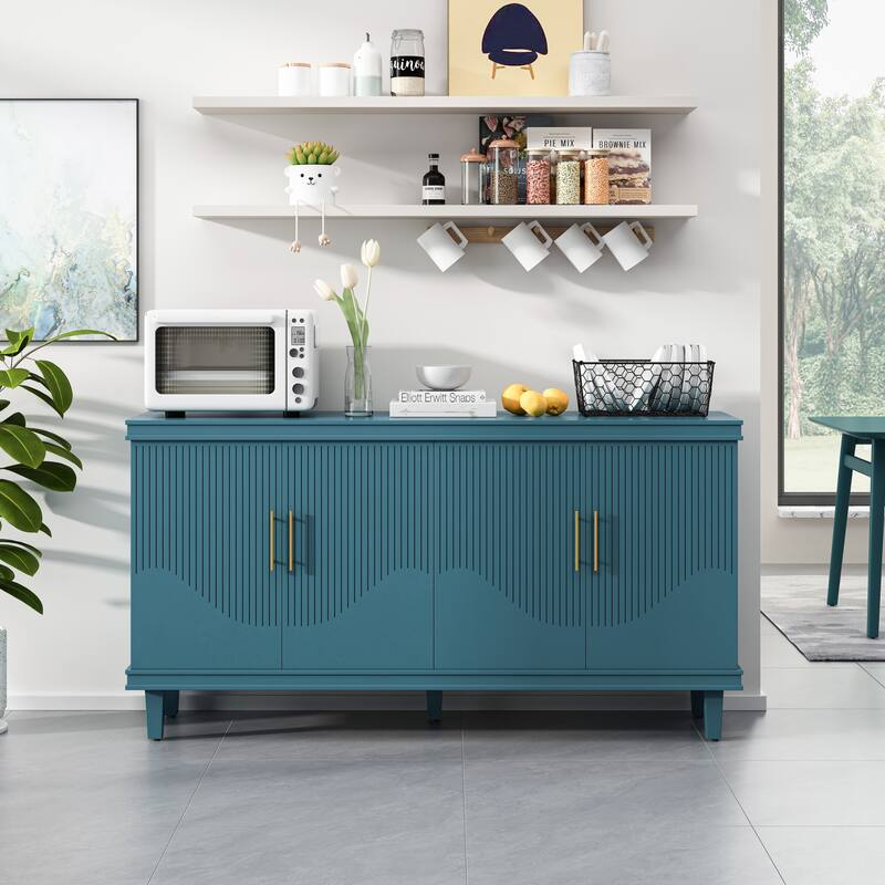 Durable Pantry Cabinet Buffet Storage Cabinet with Adjustable Shelves, Blue Dresser Floor Cabinet with Solid Wood Legs - Blue