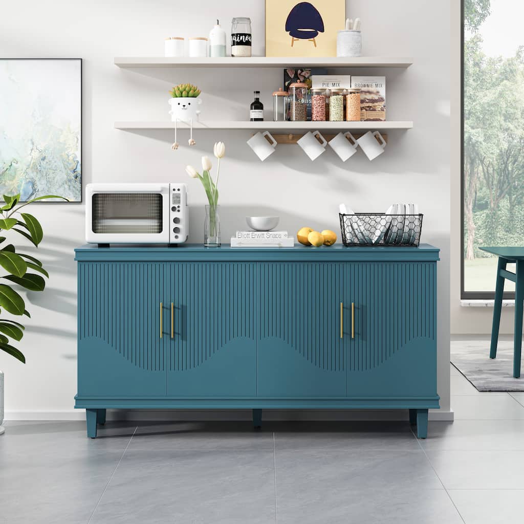Durable Pantry Cabinet Buffet Storage Cabinet with Adjustable Shelves, Blue Dresser Floor Cabinet with Solid Wood Legs