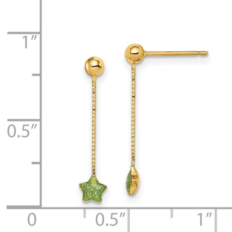 Curata 14k Yellow Gold 21mm Green Enameled Star Chain Dangle Post Earrings