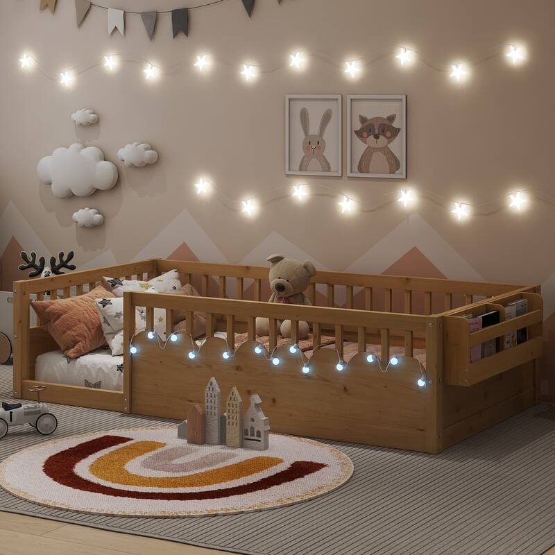 Wooden Kids Montessori Floor Bed with LED Light and Storage Shelf, No Slats
