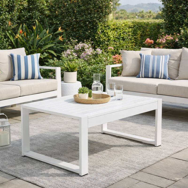 Lark 35 Inch Outdoor Coffee Table, White Aluminum Frame, Polyresin Top