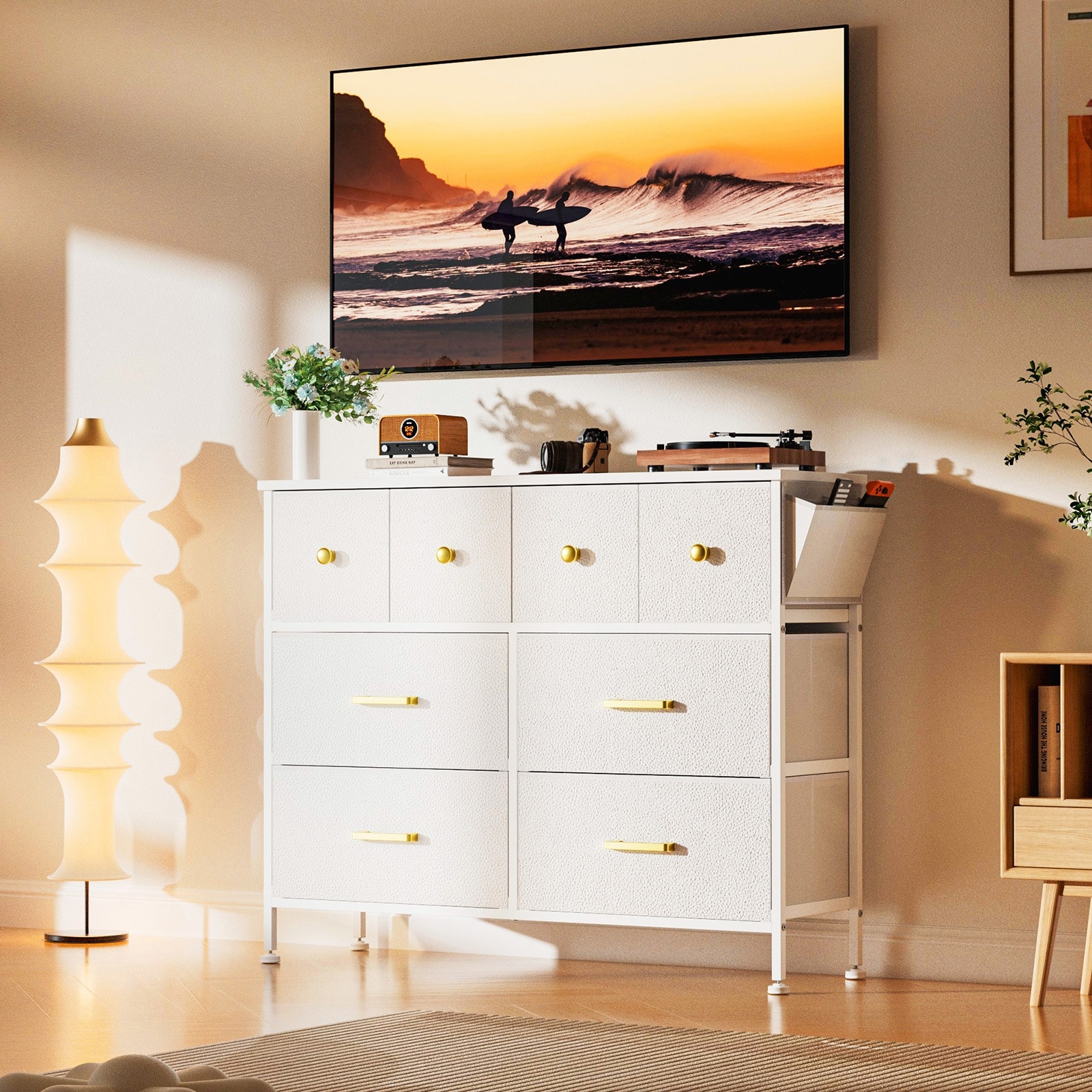 White Dresser for Bedroom with 8 Drawers 50 inch Dresser TV Stand for Dorm Living Room Gold Handle 1 Side Pockets and 2 Hooks