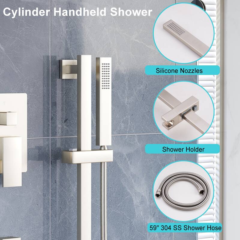 3-Function Shower System With 12" Ultra-Thin Square Shower Head,Body Jets And Hand Shower(Valve Included)