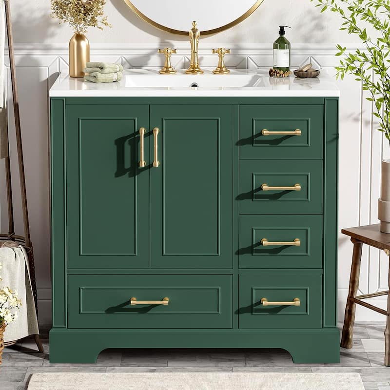 36" Traditional Bathroom Vanity with Ceramics Sink and 4 Drawers - Green